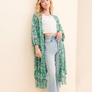 Anthropologie Muche Et Muchette M-L Green Floral Ruffled‎ Duster Kimono Cover Up